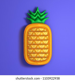 Inflatable pineapple pool float. Pineapple shape inflatable ring isolated on purple background. 3D illustration.