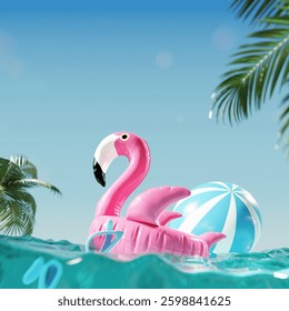 Inflatable pink flamingo and blue beach ball floating in the sea. Summer holiday concept. 3d rendering
