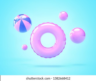 Inflatable Swimming Ring And Beach Balls. Summer Vacation Concept. 3D Rendering