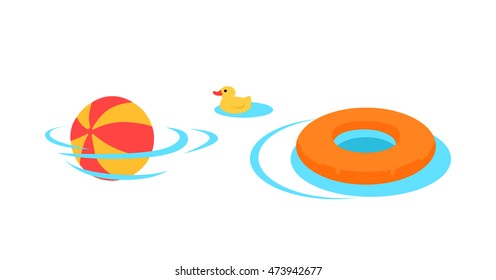 Inflatable toys for swimming . Flat style design. Family holidays, games in the water. Summer vacation, kids swimming lessons concept. Ball, rescue circle, rubber duck in te pool. On white, - Powered by Shutterstock