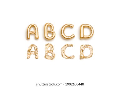 Inflated, Deflated Gold A B C D Letters, Balloon Font Mockup, Isolated, 3d Rendering. Decoration Helium Alphabet For Birthday Party. Uppercase Foil Ballon Typeset For Festive Decor Template.