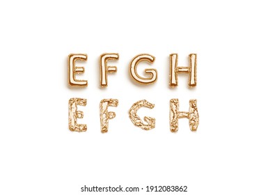 Inflated, Deflated Gold E F G H Letters, Balloon Font, 3d Rendering. Mylar Foil Decorative Fount For Valentines Day Gift. Air Golden Capital Letter For Logotype Graduation Template.