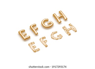 Inflated, Deflated Gold E F G H Letters, Balloon Font, 3d Rendering. Air Golden Alphabet For Valentines Day Decoration. Latex Or Foil Baloon Typeset For Date Celebration Template.