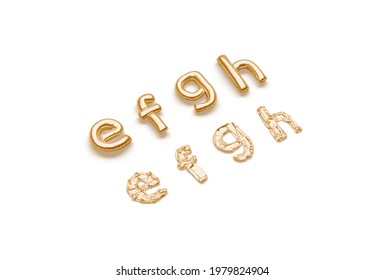 Inflated, Deflated Gold E F G H Letters, Balloon Font, 3d Rendering. Foil Lowercase Alphabet For Birthday Decoration. Matte Helium Or Mylar Typeset For Festive Sign Template.