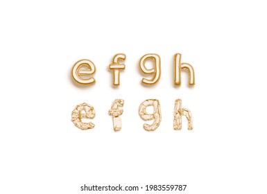 Inflated, Deflated Gold E F G H Letters, Balloon Font, 3d Rendering. Mylar Golden Lettering For Decorative Logo. Lowercase Air Alphabet For Anniversary Text Template.