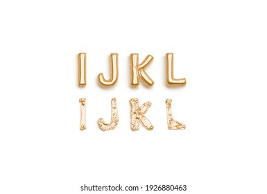 Inflated, Deflated Gold I J K L Letters, Balloon Font, 3d Rendering. Decoration Uppercase Baloon Typeset For Party Surprise. Matte Golden Alphabet For Anniversary Logo Template.