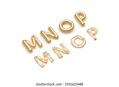 Inflated, Deflated Gold M N O P Letters, Balloon Font, 3d Renderimg. Mylar Uppercase Typeface For Celebration Party. Air Or Helium Golden Alphabet For Name Or Logotype Template.