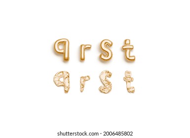 Inflated, deflated gold q r s t letters, balloon font, 3d rendering. Helium alphabet for decoration text. Golden latex sign with lowercase bubble for party banner or name logotype template.