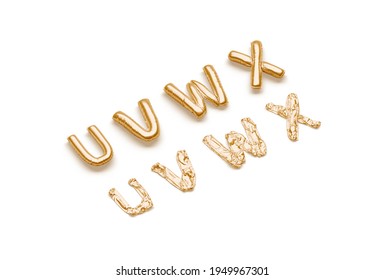 Inflated, Deflated Gold U V W X Letters, Balloon Font, 3d Rendering. Golden Helium Or Air Decorative Symbol For Surprise. Matte Foil Alphabet For Initial Sign Template.