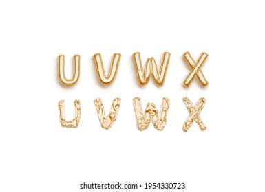 Inflated, Deflated Gold U V W X Letters, Balloon Font, 3d Rendering. Empty Foil Or Mylar Typeset For Party Decorative Surprise. Helium Golden Fount For Name Initial Or Text Template.