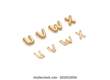 Inflated, Deflated Gold U V W X Letters, Balloon Font, 3d Rendering. Helium Decorative Typeface For Birthday Or Graduation. Golden Foil Lowercase Symbol For Decor Text Template.