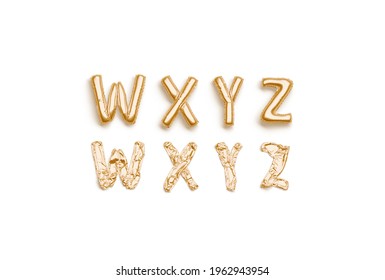 Inflated, Deflated Gold W X Y Z Letters, Balloon Font, 3d Rendering. Uppercase Helium Symbol For Surprise Sign. Bubble Foil Lettering For Birthday Or Wedding Celebration Template.
