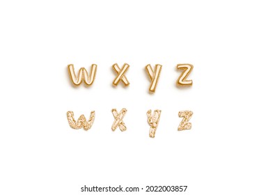 Inflated, Deflated Gold W X Y Z Letters, Balloon Font, 3d Rendering. Empty Decor Foil Typeset For Party Logotype. Ballon Golden Fount For Festive Banner Or Decorative Sign Template.
