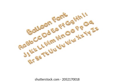 Inflated Gold Balloon Font With Capital And Lowercase Alphabet, Isolated, 3d Rendering. Mylar Matte Typeset For Baby Logotype. Deoration Air Letter For Inflatable Surprise Text Template.