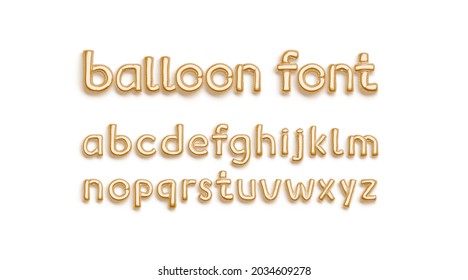 Inflated Gold Balloon Font With Lowercase Alphabet, Top View, 3d Rendering. Festive Helium Fount For Birthday Air Sign. Decoration Mylar Typeset For Wedding Or Gender Reveal Text Template.