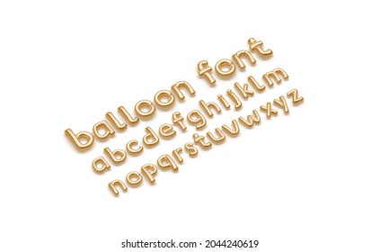 Inflated Gold Balloon Font With Lowercase Alphabet, Side View, 3d Rendering. Golden Decoration Fount For Baby Initial, Isolated. Helium Inflatable Typeset For Festive Surprise Template.