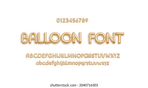 Inflated gold foil balloon font with alphabet and numbers, isolated, 3d rendering. Helium lowercase, uppercase and numeric typeset. Inflatable mylar letter and tally template.