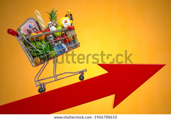Inflation, growth of food sales, growth of\
market basket or consumer price index concept. Shopping basket with\
foods on arrow. 3d\
illustration