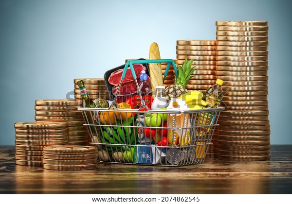 Inflation, growth of food sales or growth of\
market basket or consumer price index concept. Shopping basket with\
foods and coin stacks. 3d\
illustration