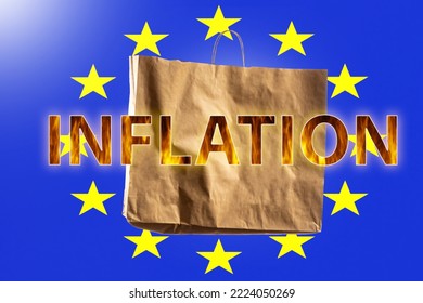 Inflation Logo. European Union Flag. Paper Bag Symbolizes Food. Product Inflation In Countries Of European Union. Rising Food Prices. Inflation In Euro Alliance. Crisis In Europe. 3d Image.