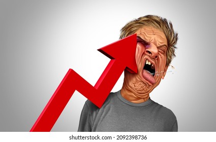 Inflation Pain Concept As A Consumer Or Businessman Being Hit Hard By An Upward Arrow Representing Rising Prices And The Painful Costs Of Taxes And Expenses Or Higher Credit Debt With 3D Elements.