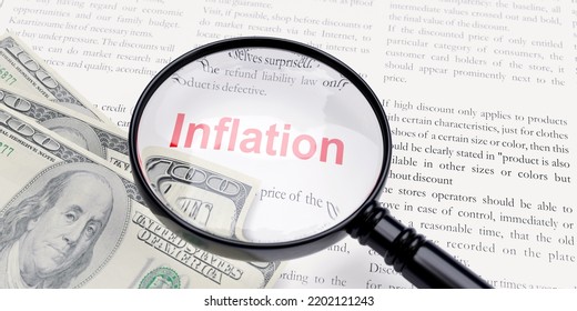 Inflation Word In Newspaper. Red Text And US Dollar Banknotes Under A Magnifier. Global Economic Crisis Concept. 3d Render