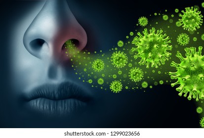 Influenza Concept And Seasonal Flu Virus Spread Caused By Infectious Microbes With Human Symptoms Of Fever Infecting The Nose And Throat As Deadly Microscopic Cells With 3d Illustration Elements.