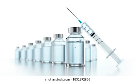 Influenza Vaccine Concept With Syringe And Bottles Of Vial With Copy Space  - 3D Illustration