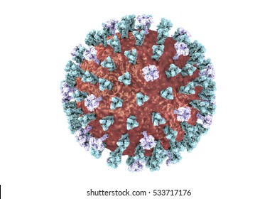 Influenza Virus. 3D Illustration Showing Surface Glycoprotein Spikes Hemagglutinin Blue And Neuraminidase Purple