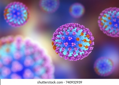 Influenza Virus. 3D Illustration Showing Surface Glycoprotein Spikes Hemagglutinin Purple And Neuraminidase Orange 