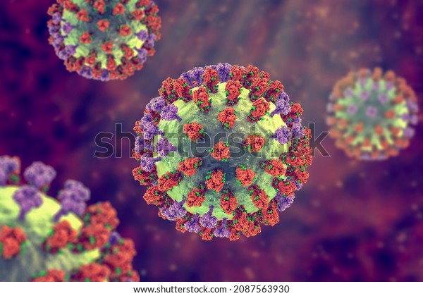 Influenza virus, 3D illustration showing\
surface glycoprotein spikes hemagglutinin (purple) and\
neuraminidase (orange). The hemagglutinins have glycans (green)\
that modulate immune response to the\
flu