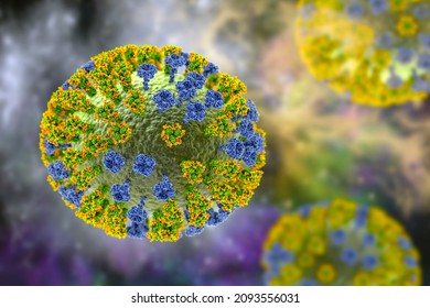 Influenza virus H3N2, 3D illustration showing surface glycoprotein spikes hemagglutinin and neuraminidase. The hemagglutinins have glycans (orange) that modulate immune response to the flu