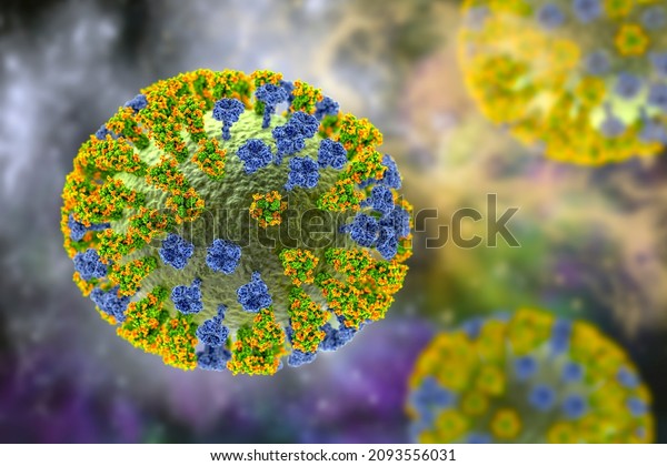 Influenza virus H3N2, 3D illustration showing surface\
glycoprotein spikes hemagglutinin and neuraminidase. The\
hemagglutinins have glycans (orange) that modulate immune response\
to the flu