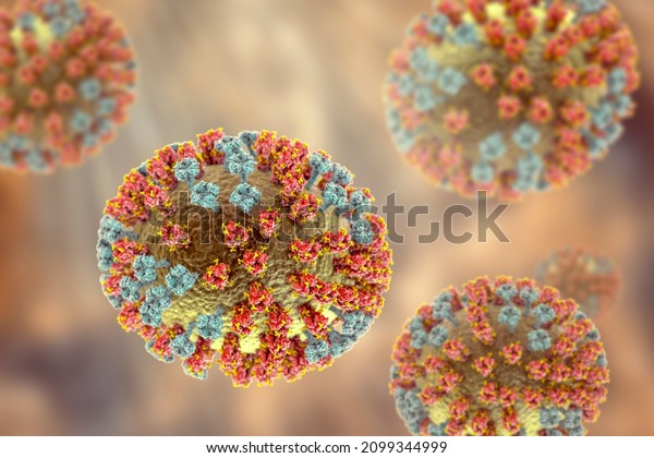 Influenza virus H3N2, 3D illustration showing surface\
glycoprotein spikes hemagglutinin and neuraminidase. The\
hemagglutinins have glycans (yellow) that modulate immune response\
to the flu