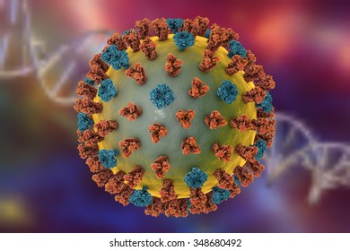 Influenza Virus On A Background With DNA Showing Surface Glycoprotein Spikes Hemagglutinin (red) And Neuraminidase (blue) Built Using Data Of Molecular Structure From Protein Data Bank