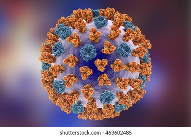 Influenza Virus On Colorful Background Showing Surface Glycoprotein Spikes Hemagglutinin (red) And Neuraminidase (blue) Built Using Data Of Molecular Structure From Protein Data Bank. 3D Illustration