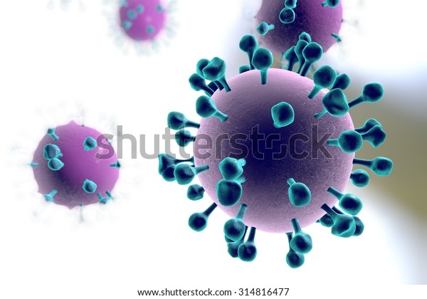 Influenza viruses on light background. A virus\
which causes flu. Model shows hemagglutinin and neuraminidase\
surface glycoprotein\
spikes
