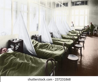 An Influenza Ward At The U S Army Camp Hospital In Aix-les-Bains France During The Spanish Flu Epidemic Of 1918-19, 1918 Photograph With Digital Color.