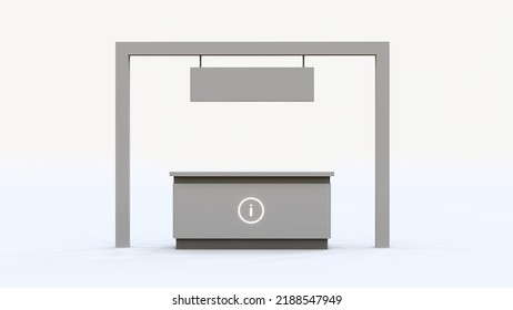 Info Desk, Reception Counter, Event Area, Welcome Counter Mockup. 3d Rendering. 3d Illustration.