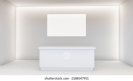 Info Desk, Reception Counter, Event Area, Welcome Counter Mockup. 3d Rendering. 3d Illustration.