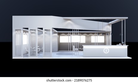 Info Desk, Reception Counter, Event Area, Welcome Counter Mockup. 3d Rendering. 3d Illustration.