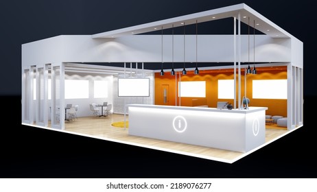 Info Desk, Reception Counter, Event Area, Welcome Counter Mockup. 3d Rendering. 3d Illustration.