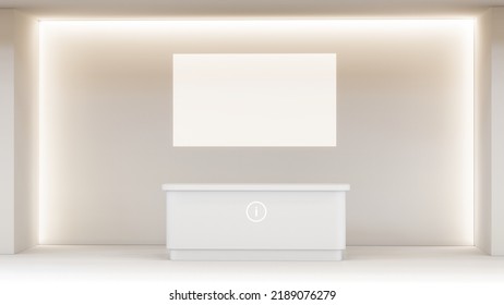 Info Desk, Reception Counter, Event Area, Welcome Counter Mockup. 3d Rendering. 3d Illustration.