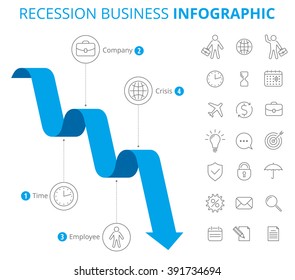 Infographic Design Template. Flat Line Elements. Downward Blue Graph  Depict Recession Of Business. Illustration Of Decrease Arrow And Isolated Icon Set.