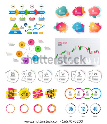 Infographic elements. Financial graph, timelines, options banner badges. Sale discount shapes, countdown timer. Analytics chart, timeline infographics. Offer layout page. graphs and charts