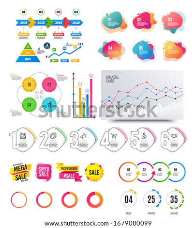 Infographic elements. Financial graph, timelines, options banner badges. Sale discount shapes, countdown timer. Analytics chart, timeline infographics. Offer layout page. graphs and charts