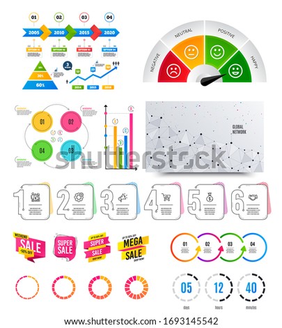 Infographic elements. Financial graph, timelines, options banner badges. Sale discount shapes, countdown timer. Analytics chart, timeline infographics. Offer layout page. graphs and charts