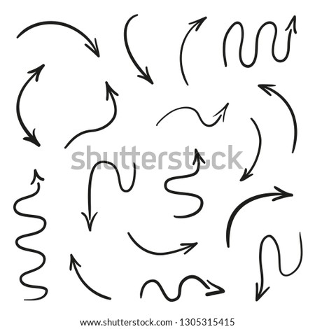 Infographic elements on isolated white background. Hand drawn simple arrows. Line art. Set of different pointers. Abstract indicators. Black and white illustration. Doodles for artwork