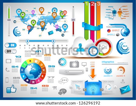 Infographic elements - set of paper tags, technology icons, cloud cmputing, graphs, paper tags, arrows, world map and so on. Ideal for statistic data display.