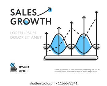 Infographic flat design with increasing chart line showing sales growth on white background. 